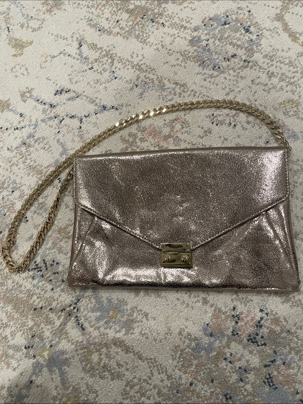Express Metallic Rose Gold Envelope Clutch with Chain Strap